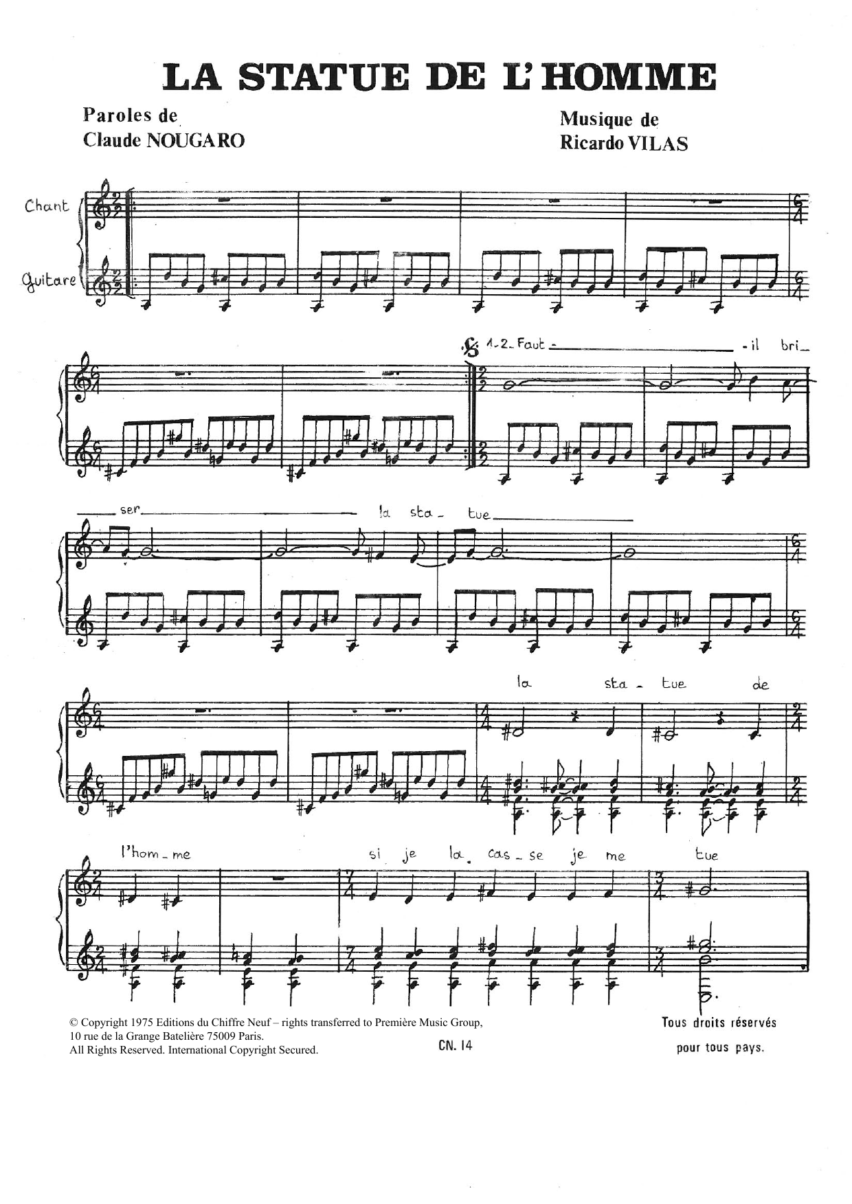 Download Claude Nougaro Statue De L'homme Sheet Music and learn how to play Piano & Vocal PDF digital score in minutes