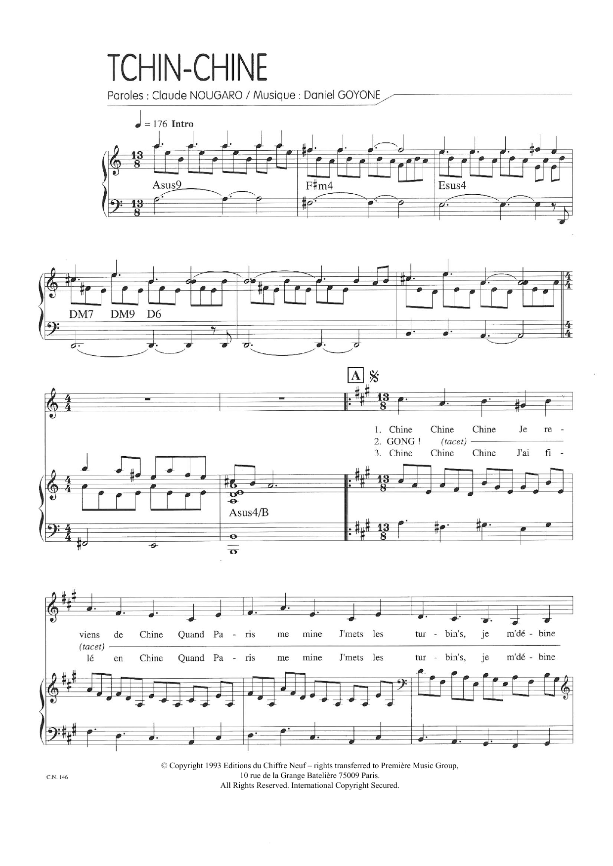 Download Claude Nougaro Tchin Chine Sheet Music and learn how to play Piano & Vocal PDF digital score in minutes