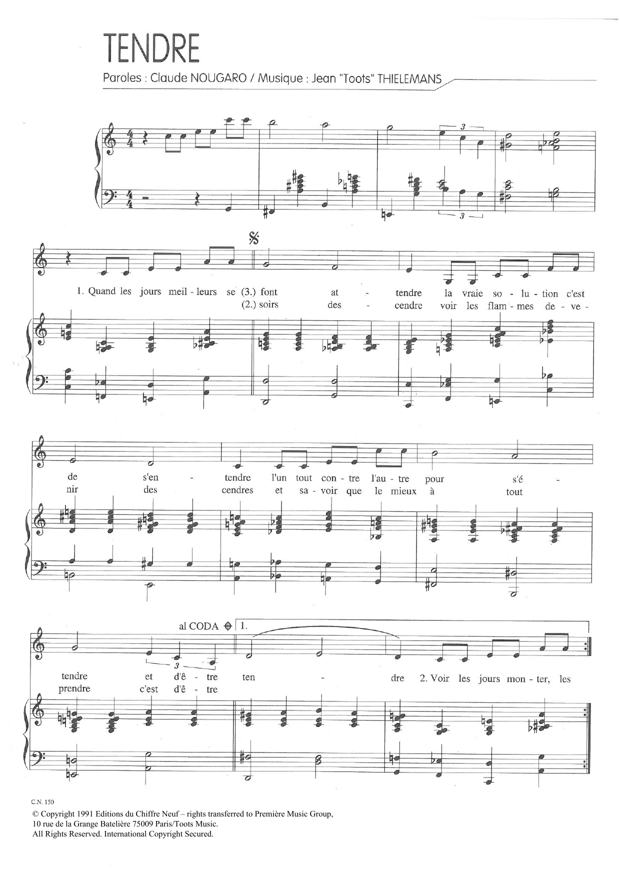 Download Claude Nougaro Tendre Sheet Music and learn how to play Piano & Vocal PDF digital score in minutes