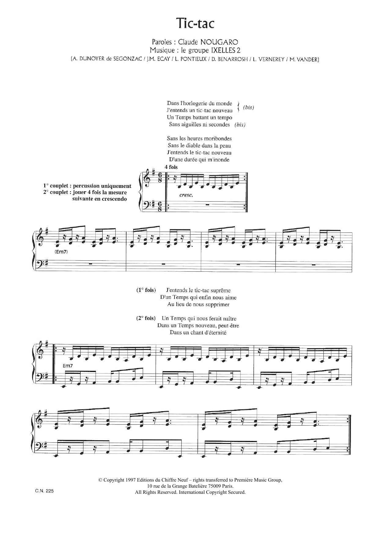 Download Claude Nougaro Tic Tac Sheet Music and learn how to play Piano & Vocal PDF digital score in minutes