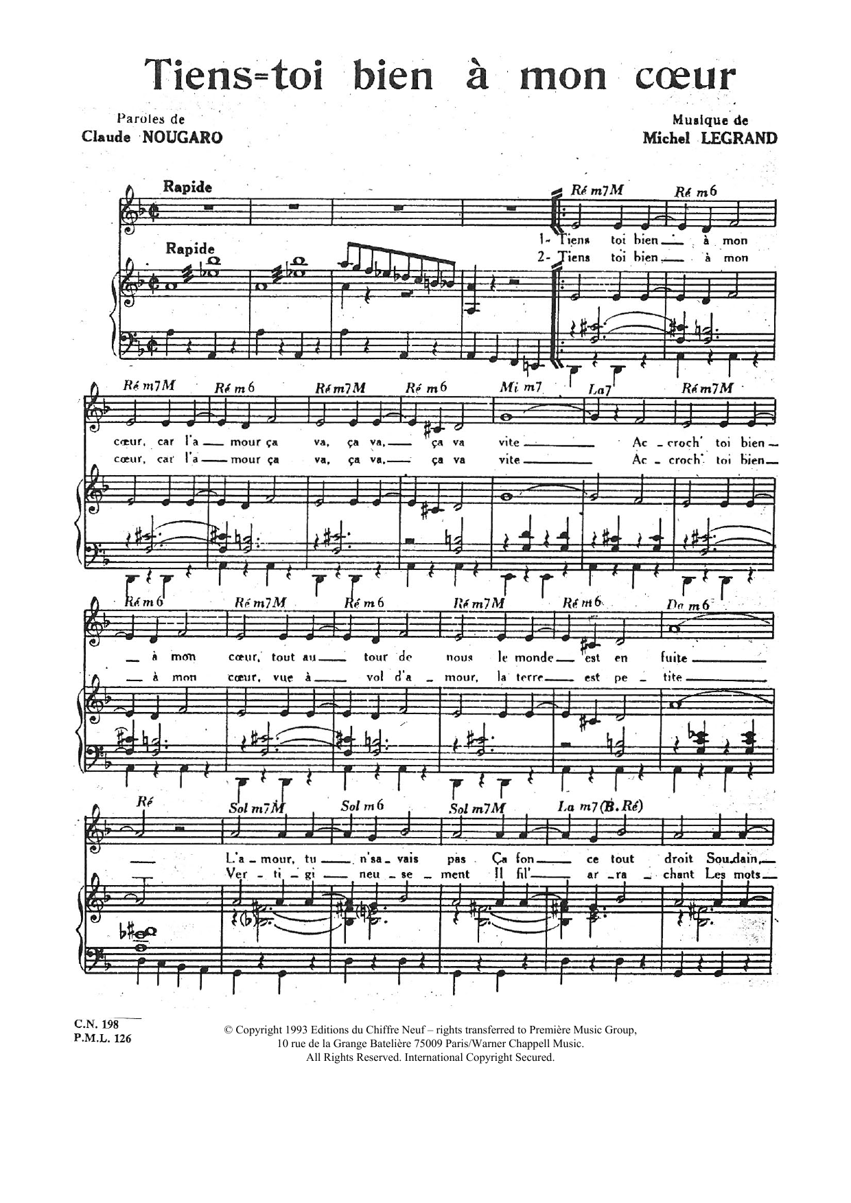 Download Claude Nougaro Tiens Toi Bien A Mon Coeur Sheet Music and learn how to play Piano & Vocal PDF digital score in minutes