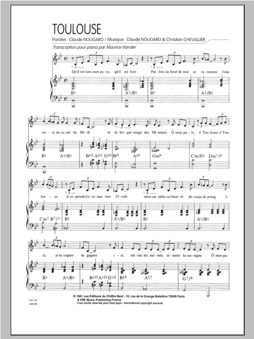 Download Claude Nougaro Toulouse Sheet Music and learn how to play Piano & Vocal PDF digital score in minutes