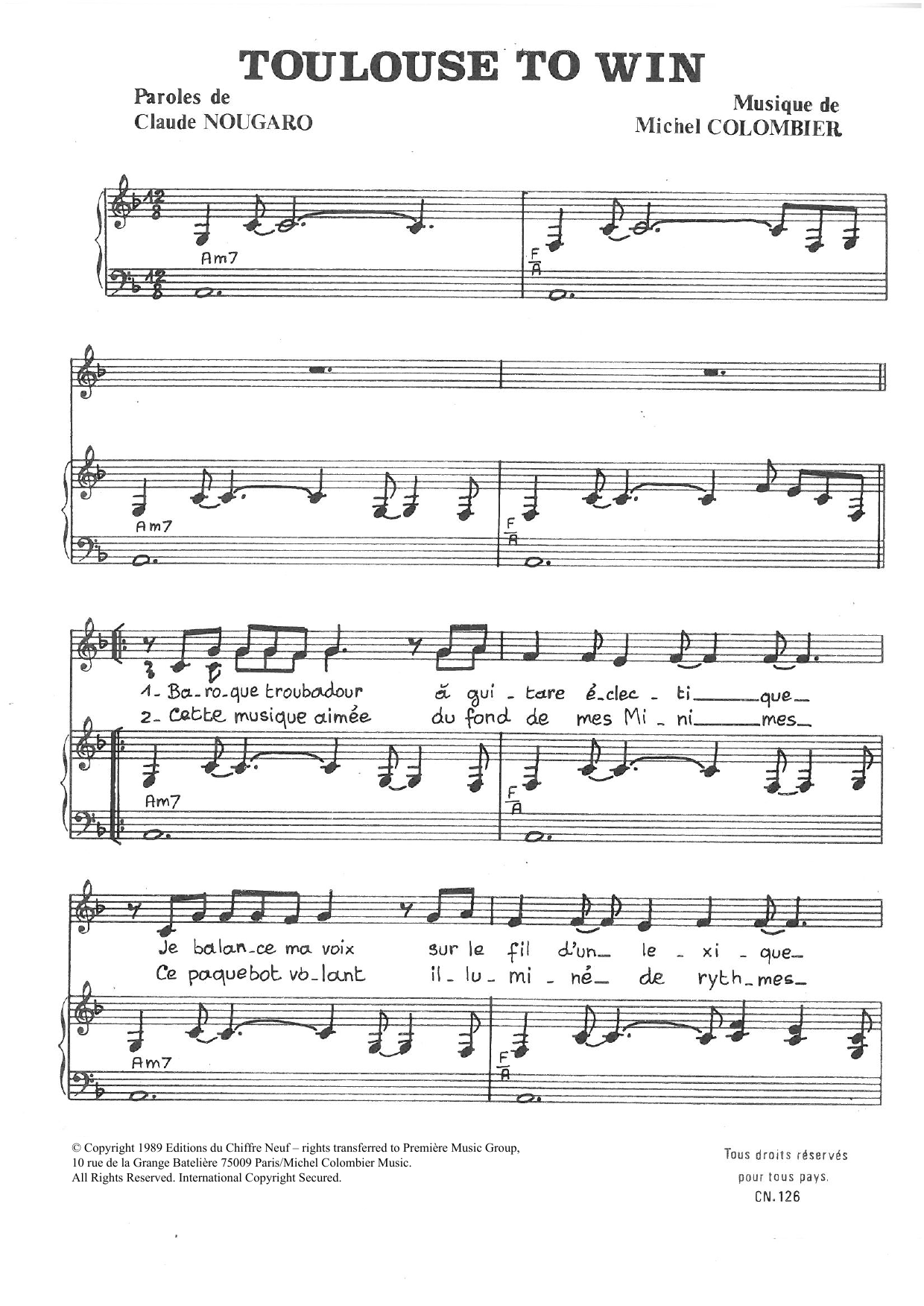 Download Claude Nougaro Toulouse To Win Sheet Music and learn how to play Piano & Vocal PDF digital score in minutes