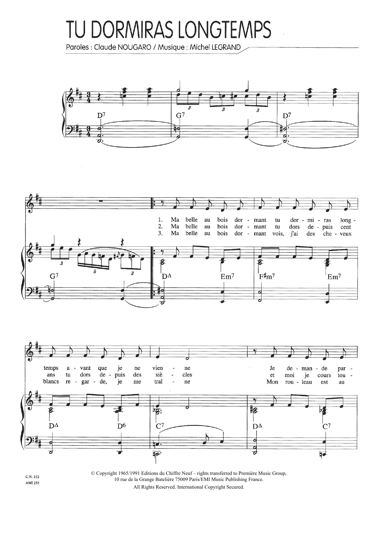 Download Claude Nougaro Tu Dormiras Longtemps Sheet Music and learn how to play Piano & Vocal PDF digital score in minutes