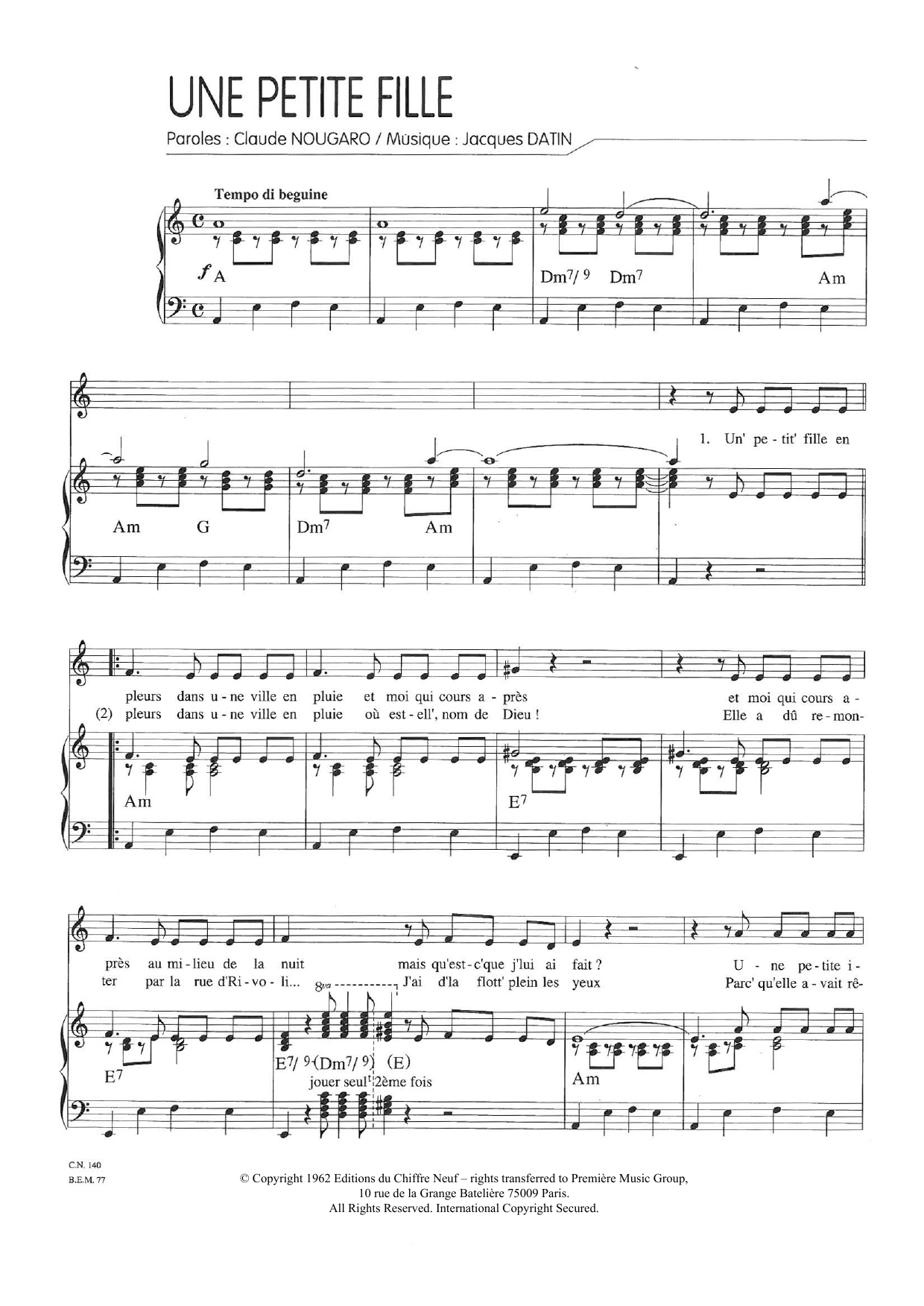 Download Claude Nougaro Une Petite Fille Sheet Music and learn how to play Piano & Vocal PDF digital score in minutes