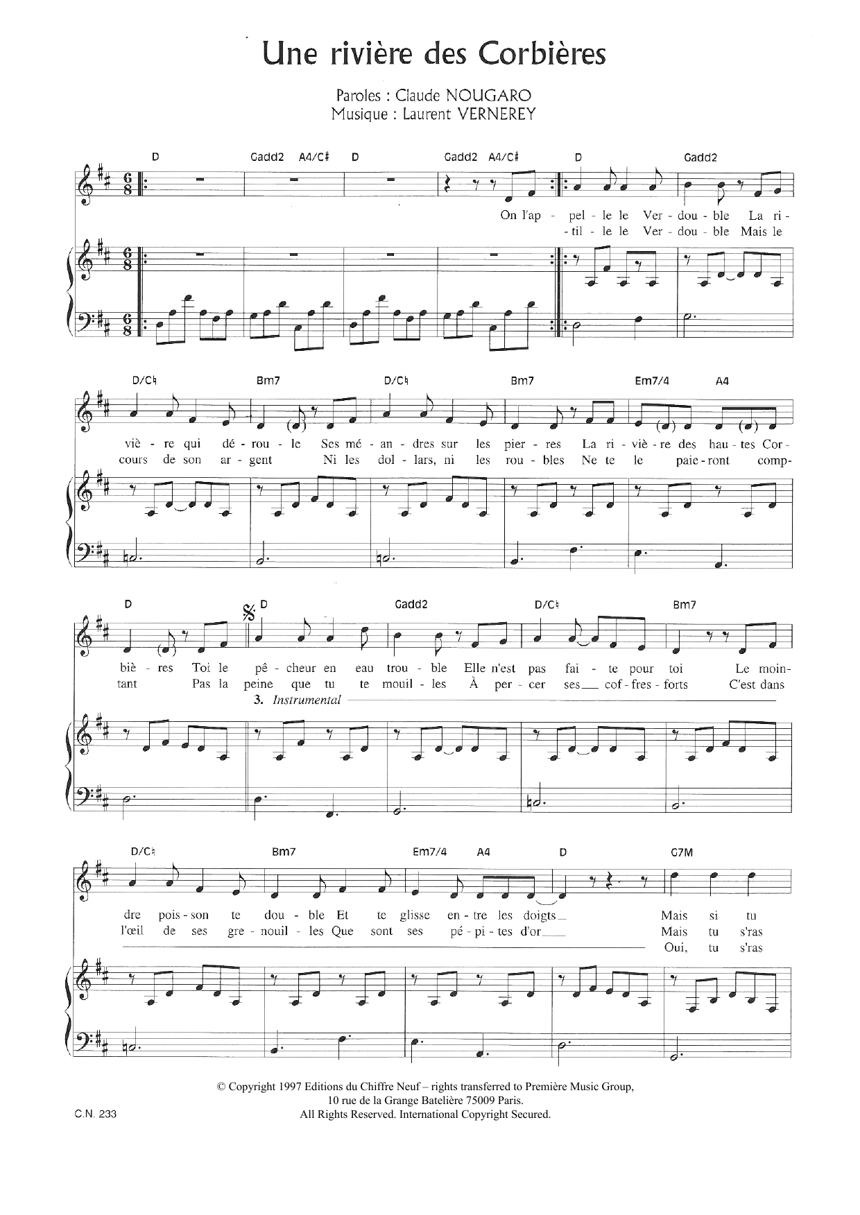 Download Claude Nougaro Une Riviere Des Corbieres Sheet Music and learn how to play Piano & Vocal PDF digital score in minutes