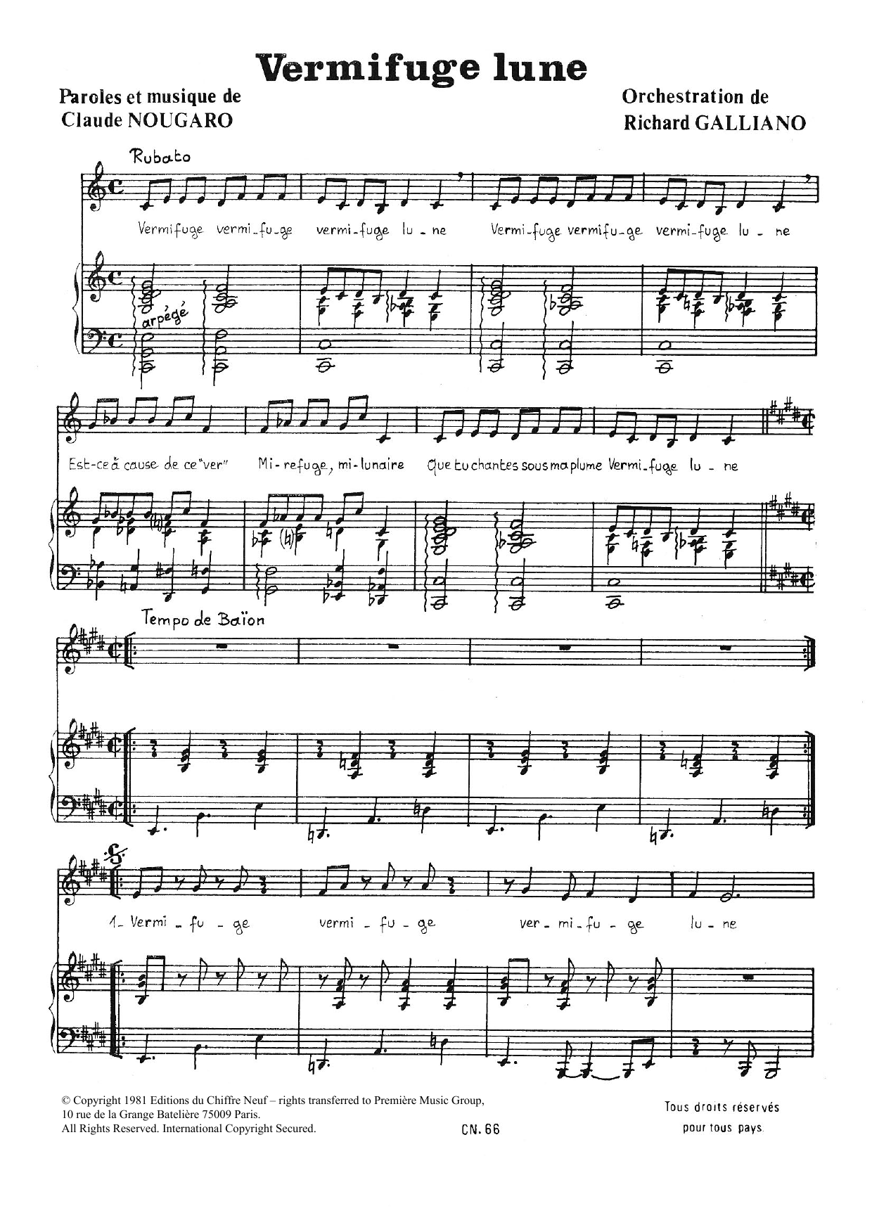 Download Claude Nougaro Vermifuge Lune Sheet Music and learn how to play Piano & Vocal PDF digital score in minutes