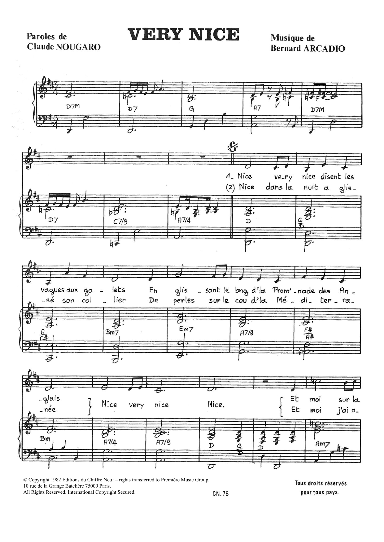 Download Claude Nougaro Very Nice Sheet Music and learn how to play Piano & Vocal PDF digital score in minutes