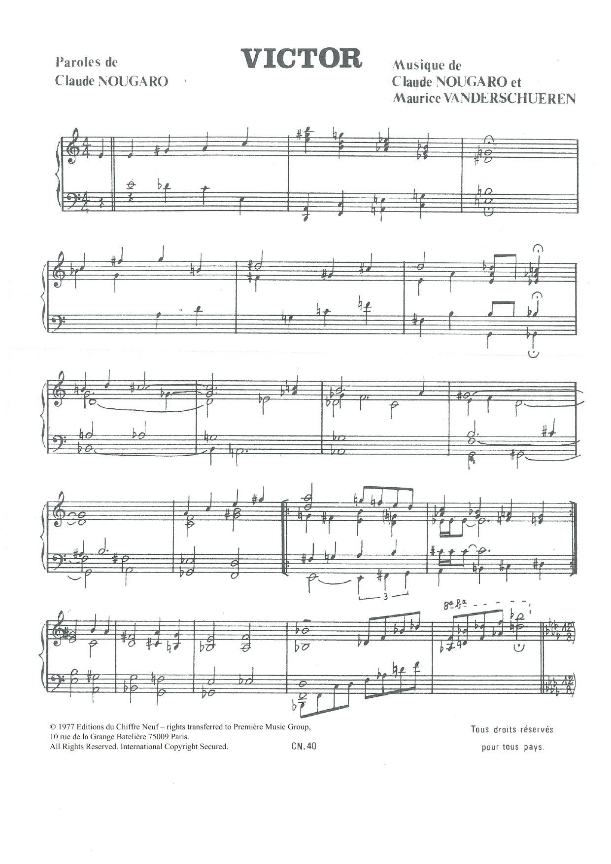 Download Claude Nougaro Victor Sheet Music and learn how to play Piano & Vocal PDF digital score in minutes