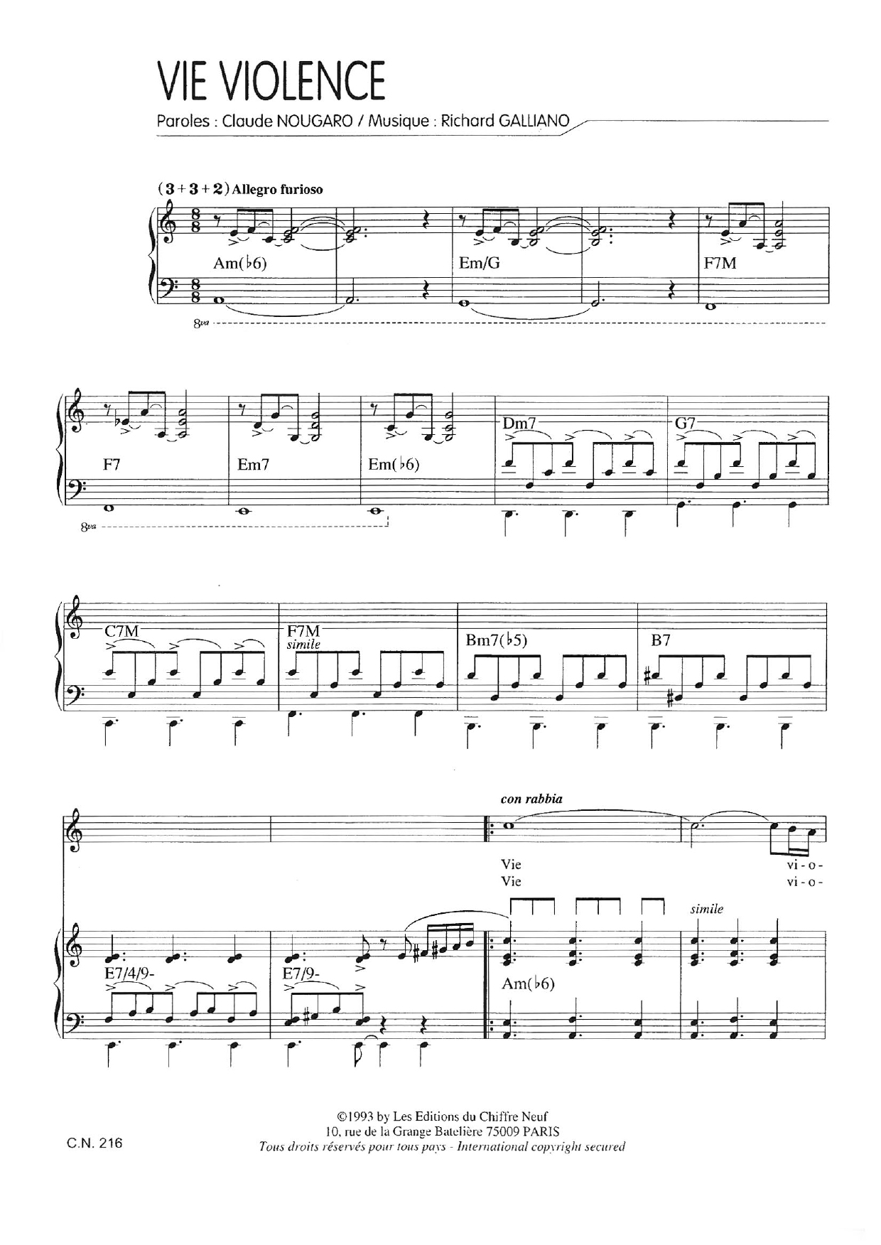 Download Claude Nougaro Vie Violence Sheet Music and learn how to play Piano & Vocal PDF digital score in minutes