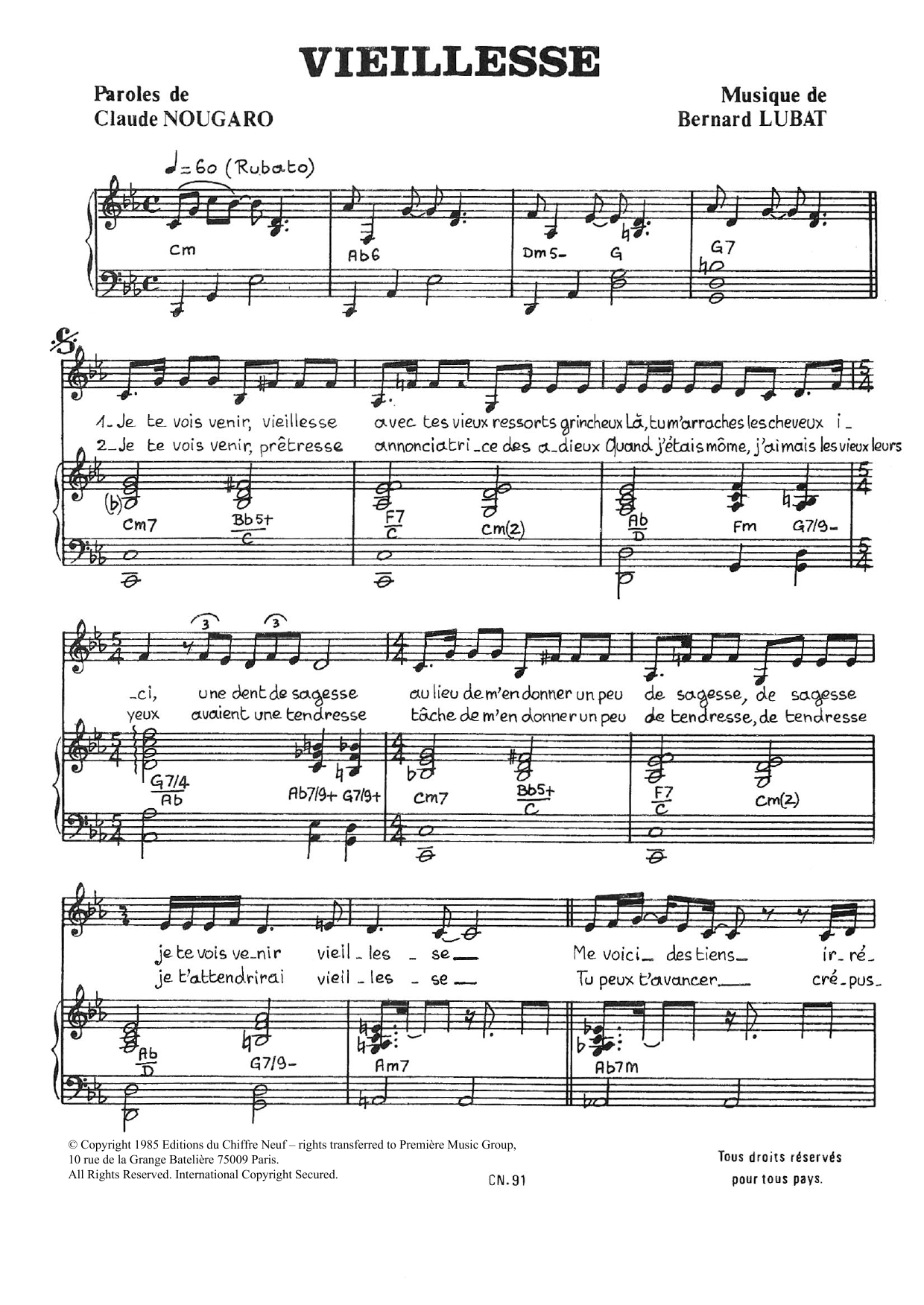 Download Claude Nougaro Vieillesse Sheet Music and learn how to play Piano & Vocal PDF digital score in minutes