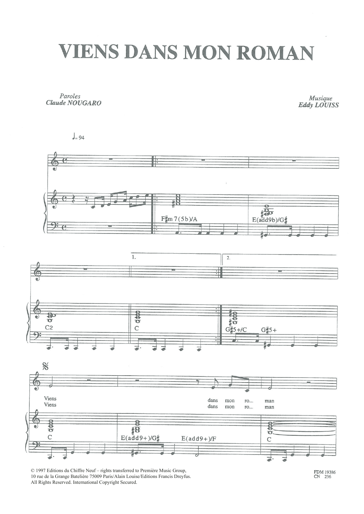Download Claude Nougaro Viens Dans Mon Roman Sheet Music and learn how to play Piano & Vocal PDF digital score in minutes