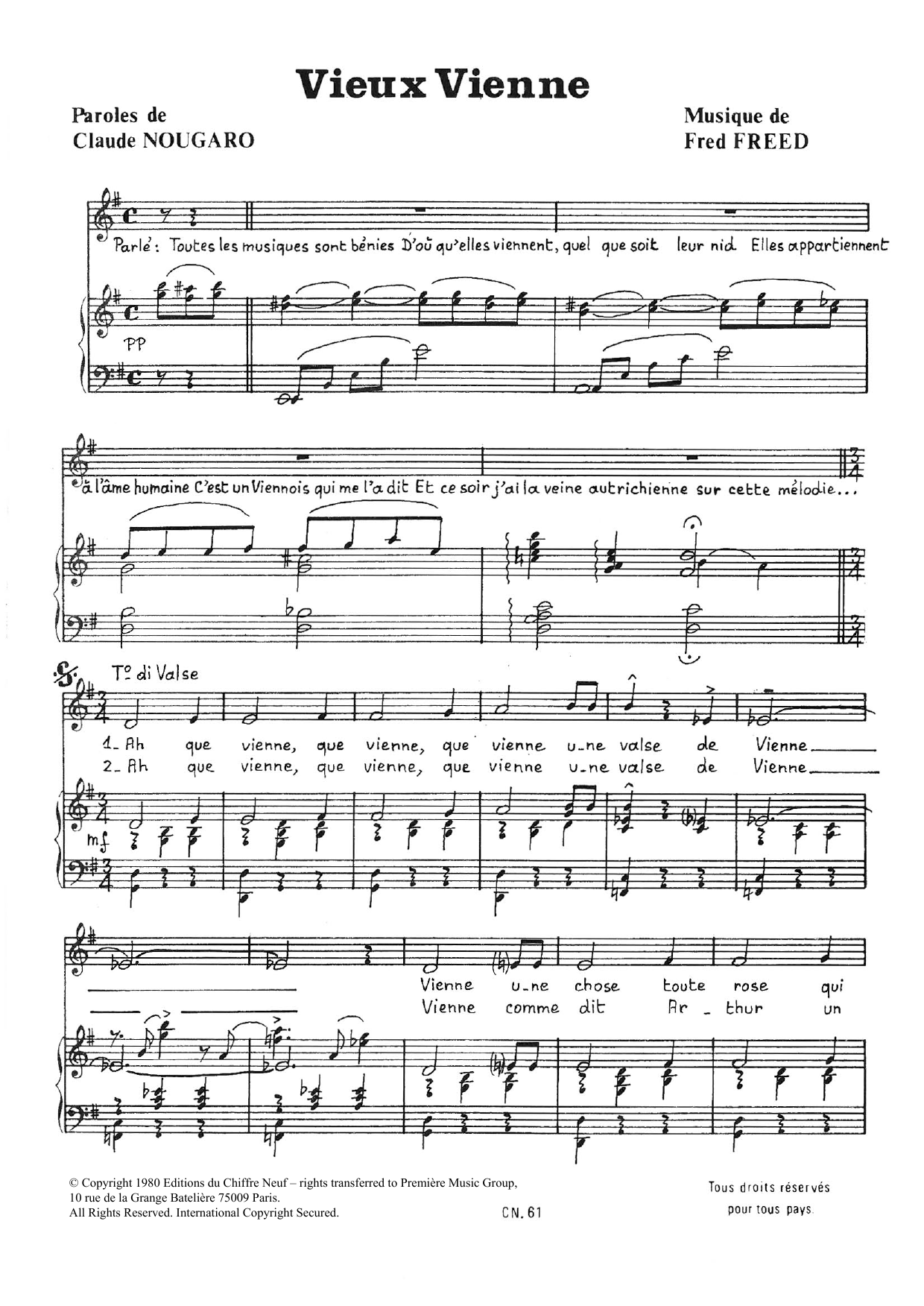 Download Claude Nougaro Vieux Vienne Sheet Music and learn how to play Piano & Vocal PDF digital score in minutes