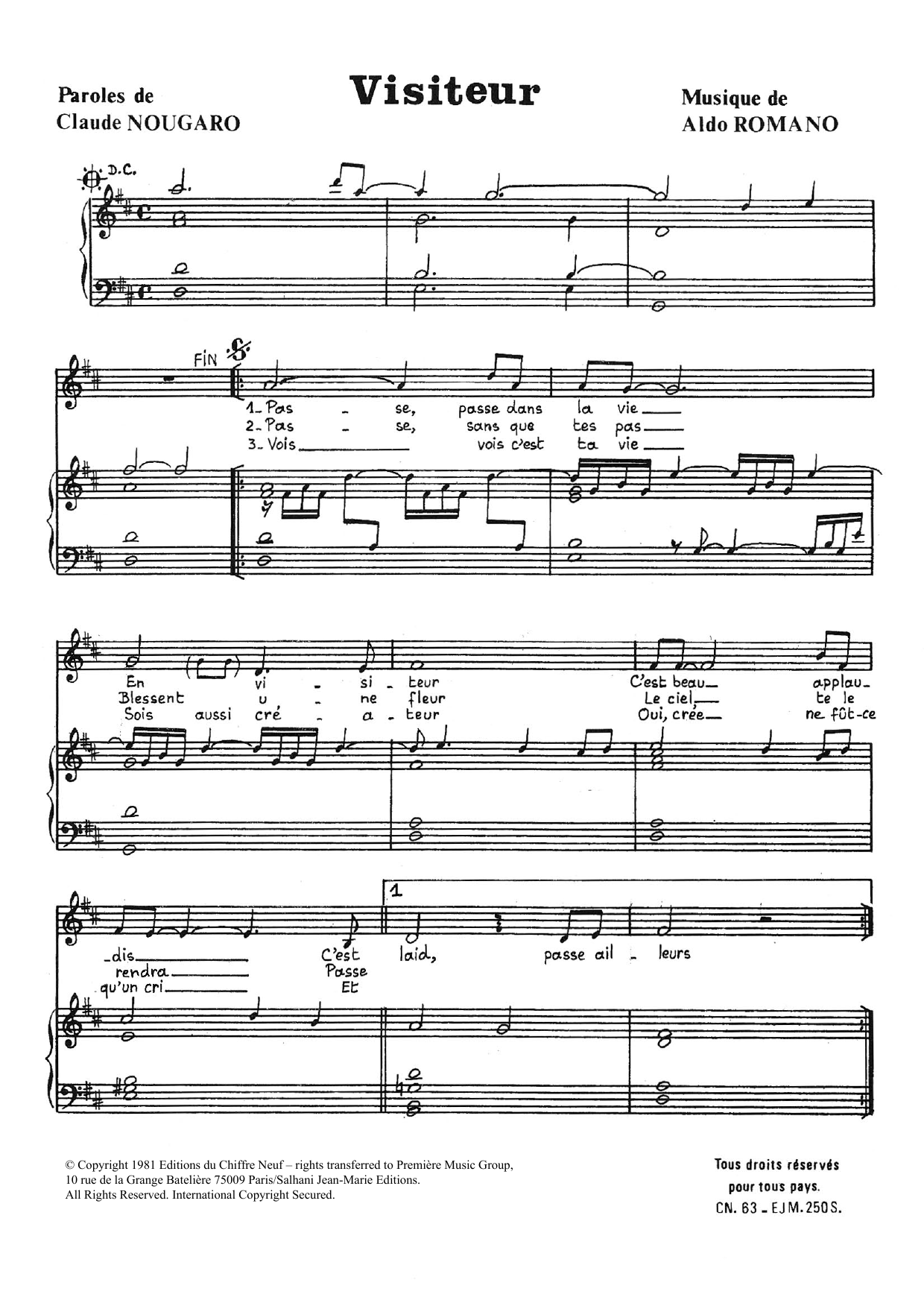 Download Claude Nougaro Visiteur Sheet Music and learn how to play Piano & Vocal PDF digital score in minutes