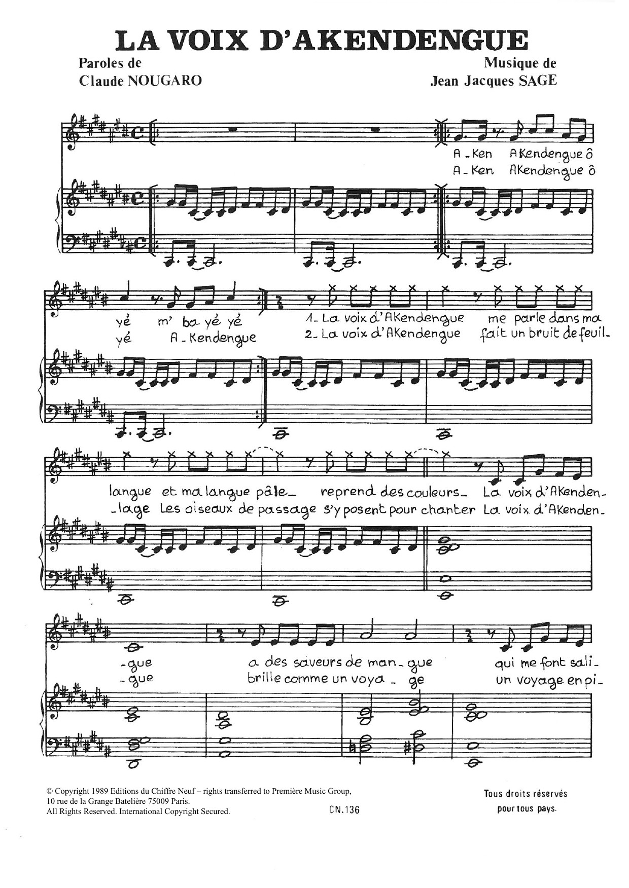 Download Claude Nougaro Voix D'akendengue Sheet Music and learn how to play Piano & Vocal PDF digital score in minutes