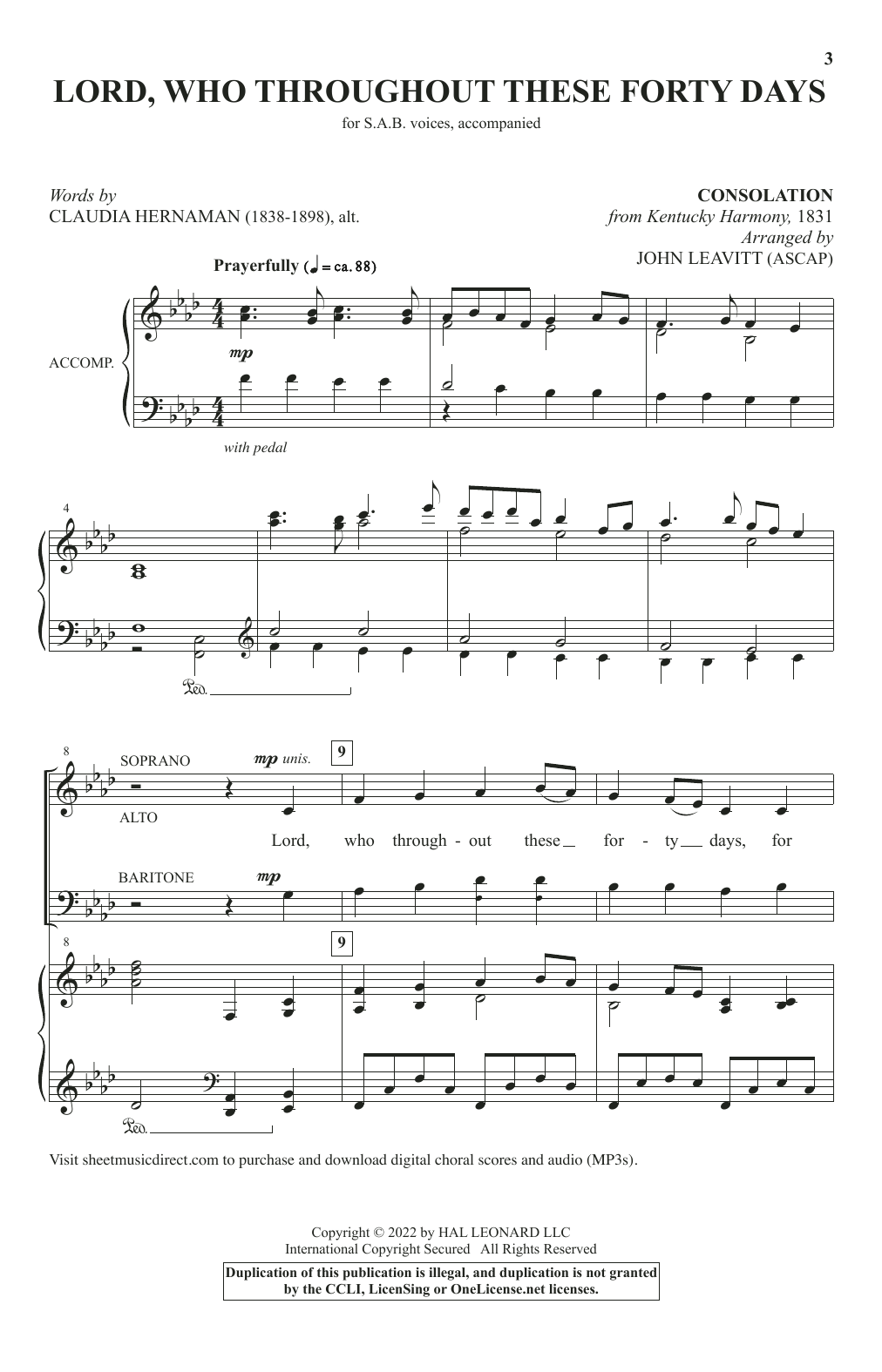 Download Claudia Hernaman Lord, Who Throughout These Forty Days (arr. John Leavitt) Sheet Music and learn how to play SAB Choir PDF digital score in minutes