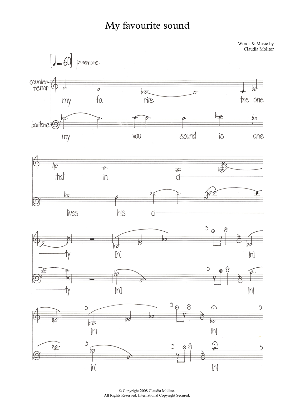Download Claudia Molitor My favourite sound (for counter-tenor & baritone) Sheet Music and learn how to play Piano & Vocal PDF digital score in minutes