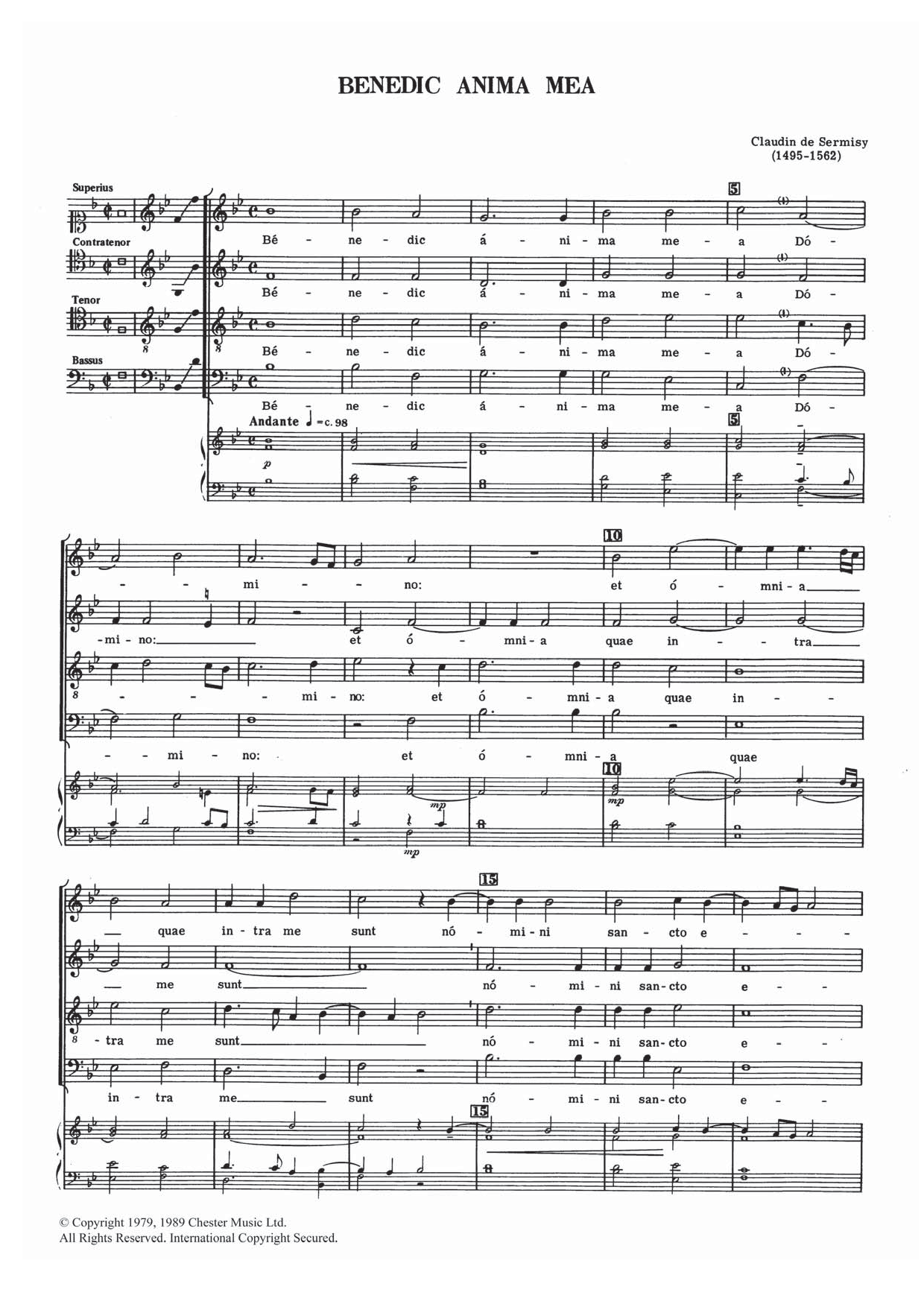 Download Claudin de Sermisy Benedic Anima Mea Sheet Music and learn how to play SATB PDF digital score in minutes