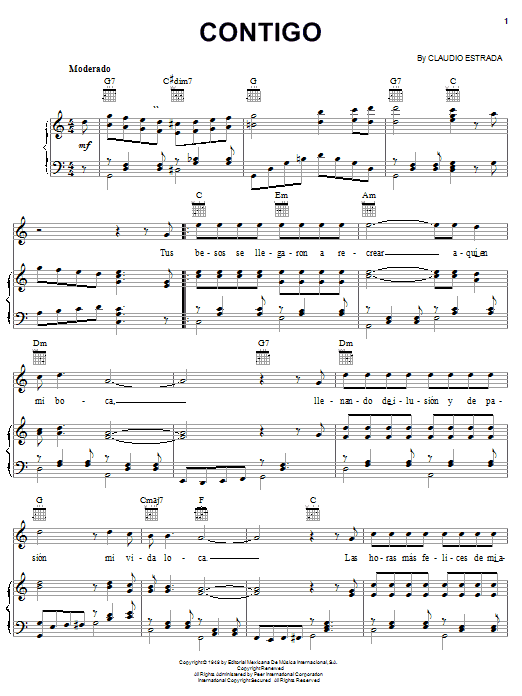 Download Claudio Estrada Contigo Sheet Music and learn how to play Piano, Vocal & Guitar (Right-Hand Melody) PDF digital score in minutes