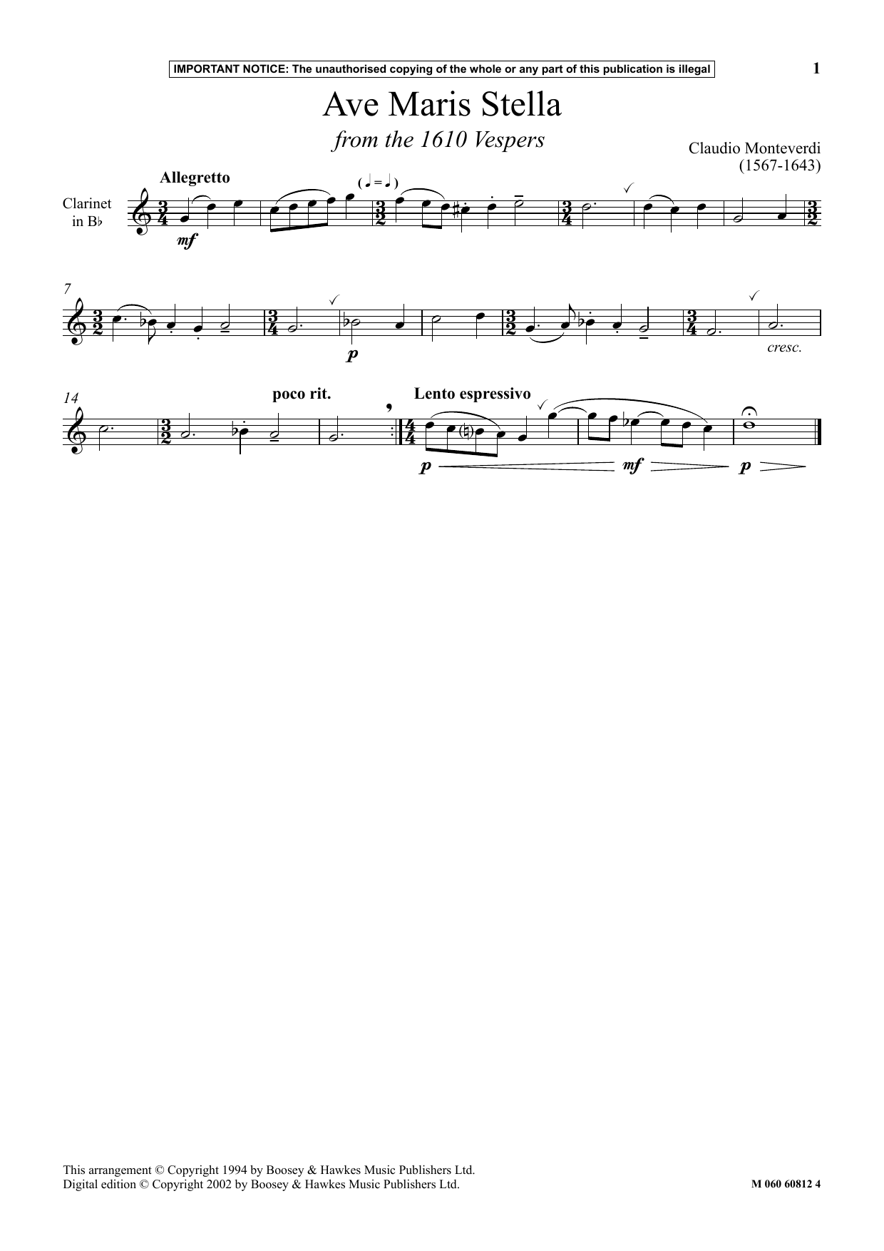 Download Claudio Monteverdi Ave Maris Stella (from The 1610 Vespers) Sheet Music and learn how to play Instrumental Solo PDF digital score in minutes