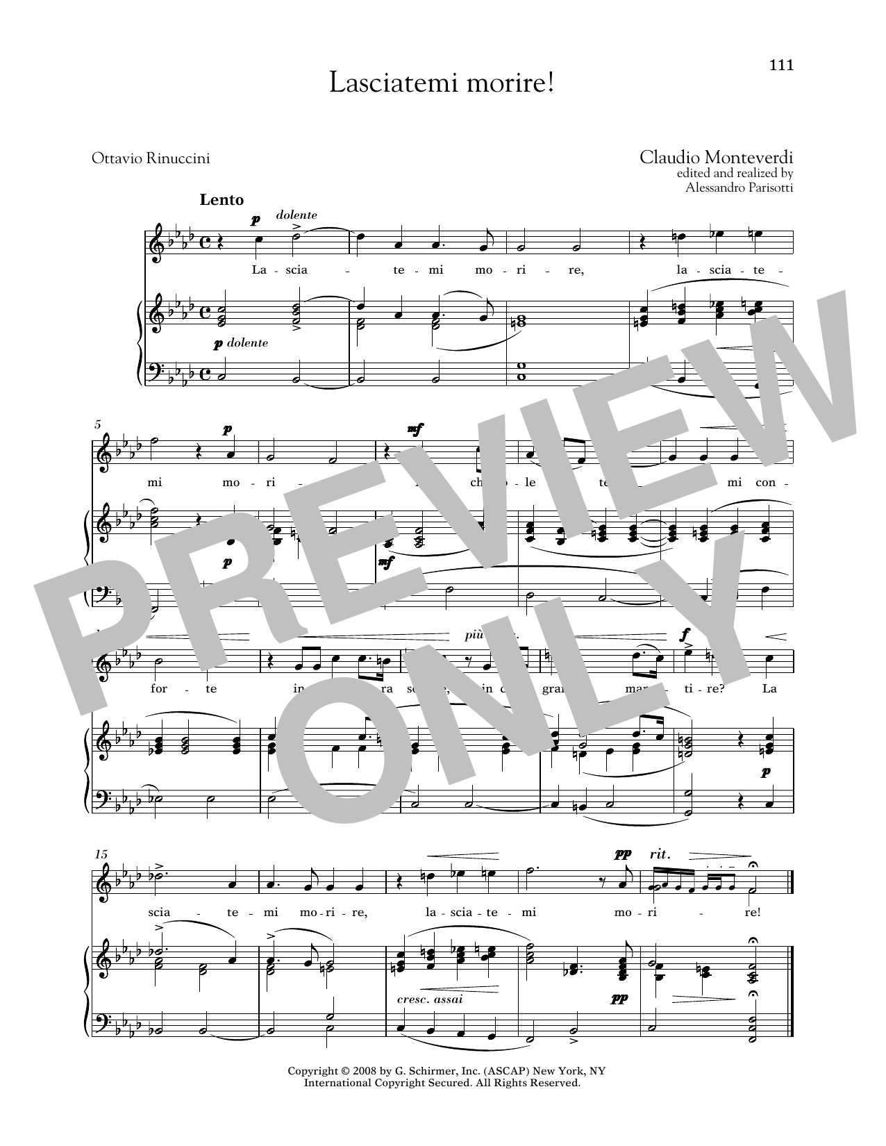 Download Claudio Monteverdi Lasciatemi Morire! (Medium High Voice) Sheet Music and learn how to play Piano & Vocal PDF digital score in minutes