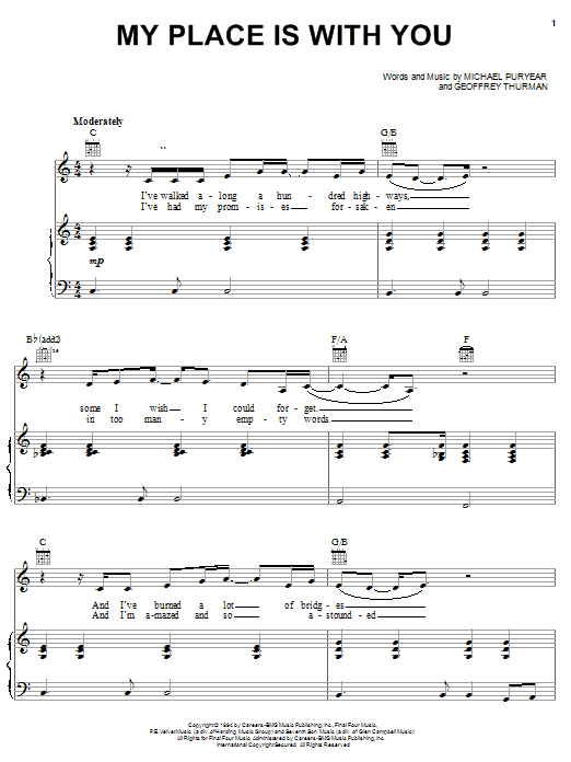 Download Clay Crosse My Place Is With You Sheet Music and learn how to play Piano, Vocal & Guitar (Right-Hand Melody) PDF digital score in minutes