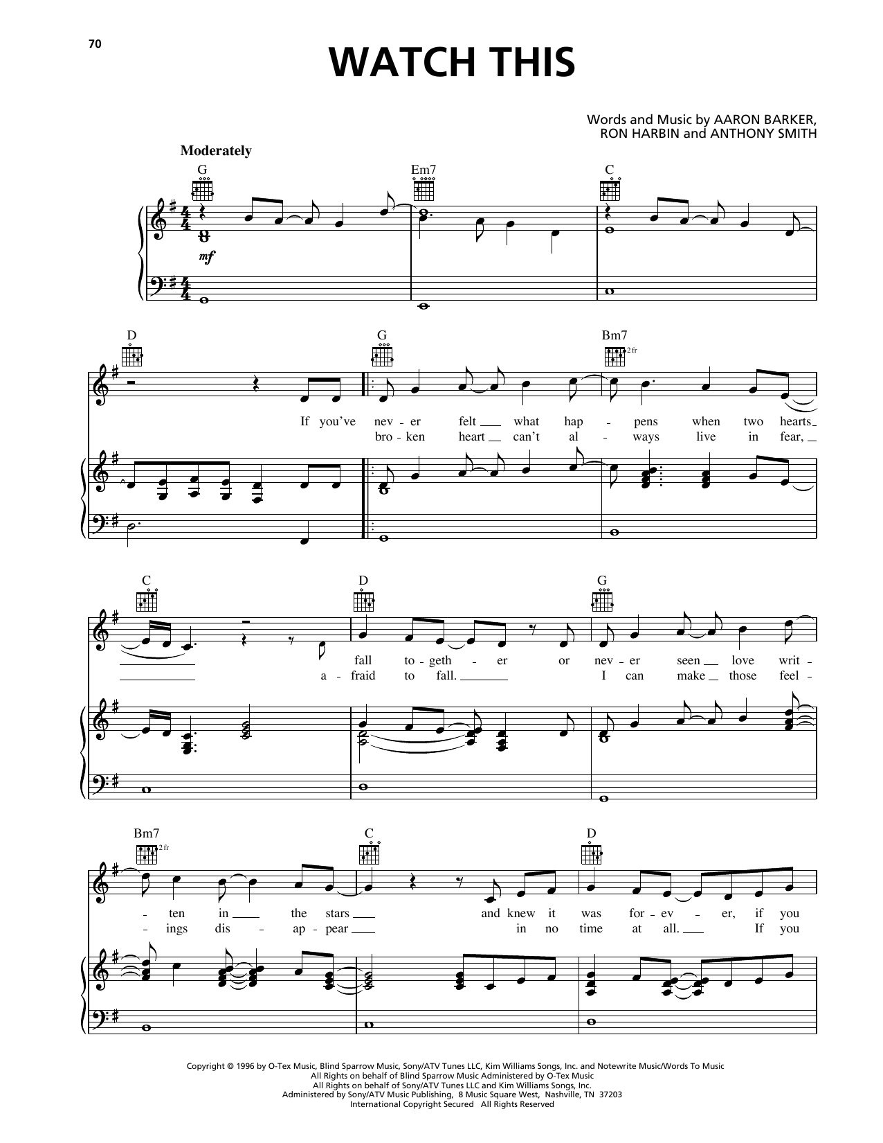 Download Clay Walker Watch This Sheet Music and learn how to play Piano, Vocal & Guitar Chords (Right-Hand Melody) PDF digital score in minutes