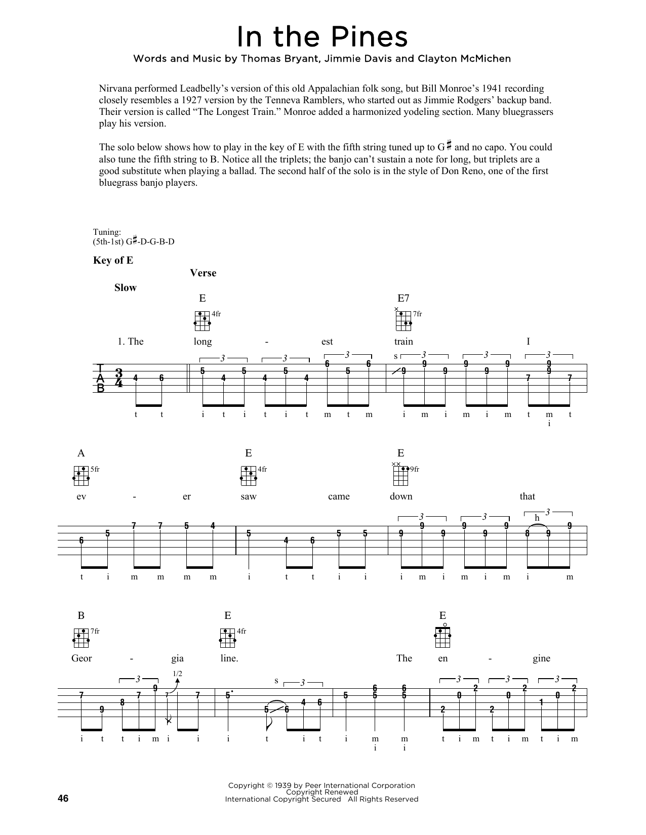 Download Clayton McMichen In The Pines (arr. Fred Sokolow) Sheet Music and learn how to play Banjo Tab PDF digital score in minutes