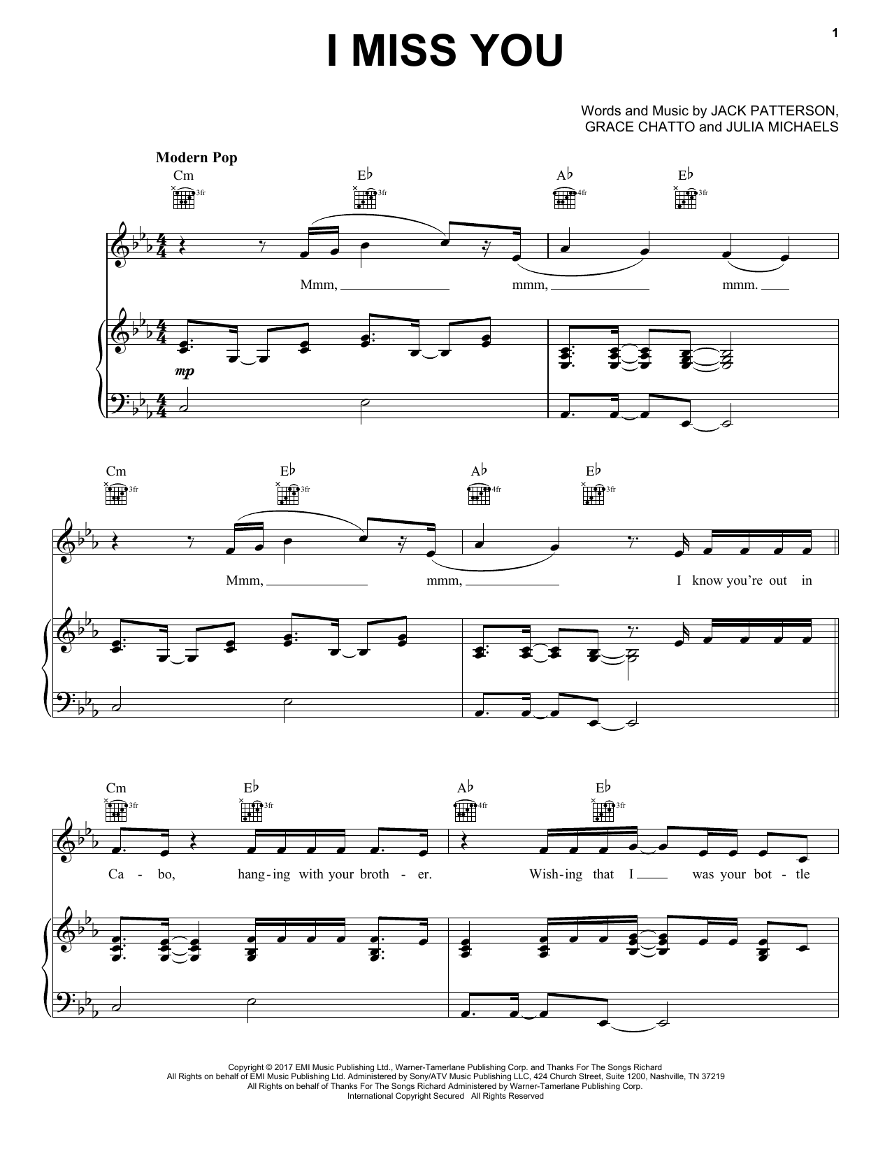 Download Clean Bandit ft. Julia Michaels I Miss You Sheet Music and learn how to play Piano, Vocal & Guitar (Right-Hand Melody) PDF digital score in minutes