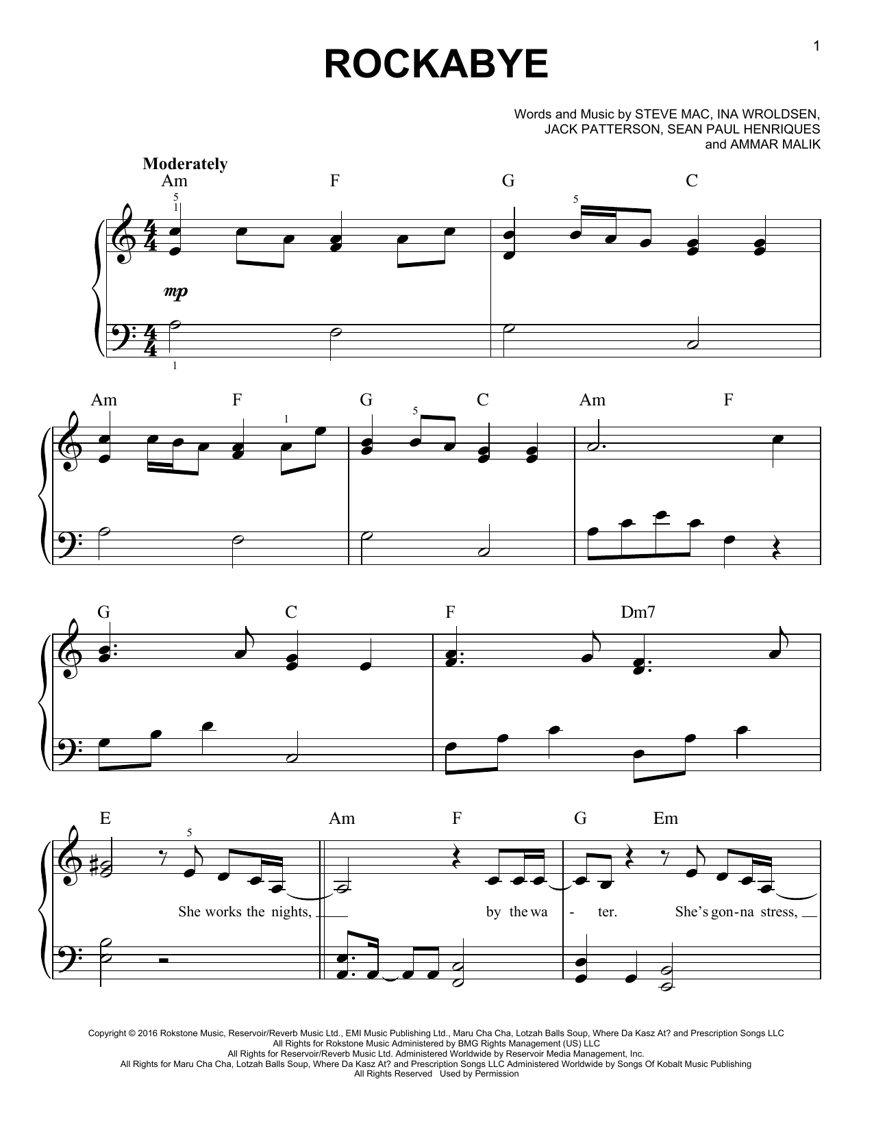 Download Clean Bandit Rockabye (feat. Sean Paul & Anne-Marie) Sheet Music and learn how to play Beginner Piano PDF digital score in minutes
