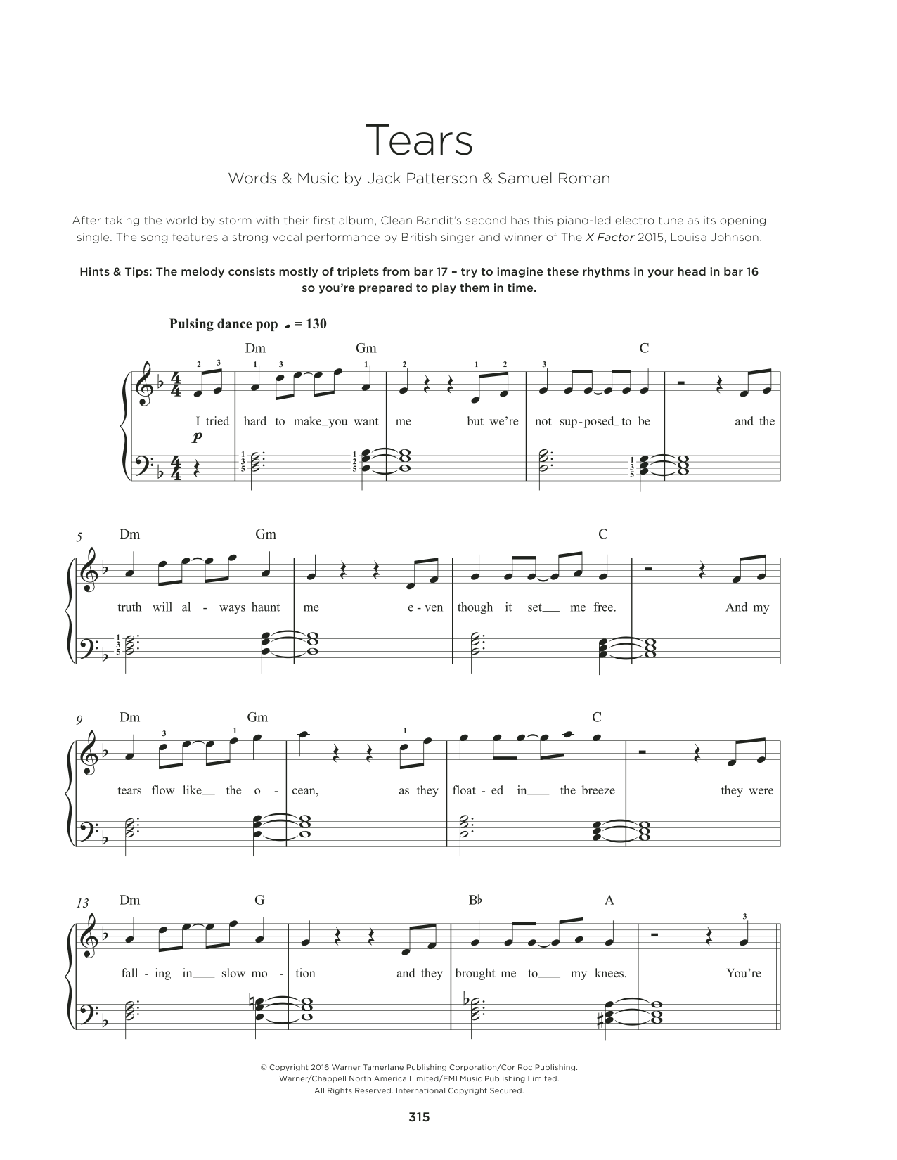Download Clean Bandit Tears (feat. Louisa Johnson) Sheet Music and learn how to play Really Easy Piano PDF digital score in minutes