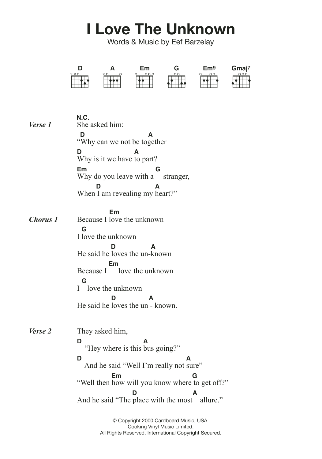 Download Clem Snide I Love The Unknown Sheet Music and learn how to play Lyrics & Chords PDF digital score in minutes