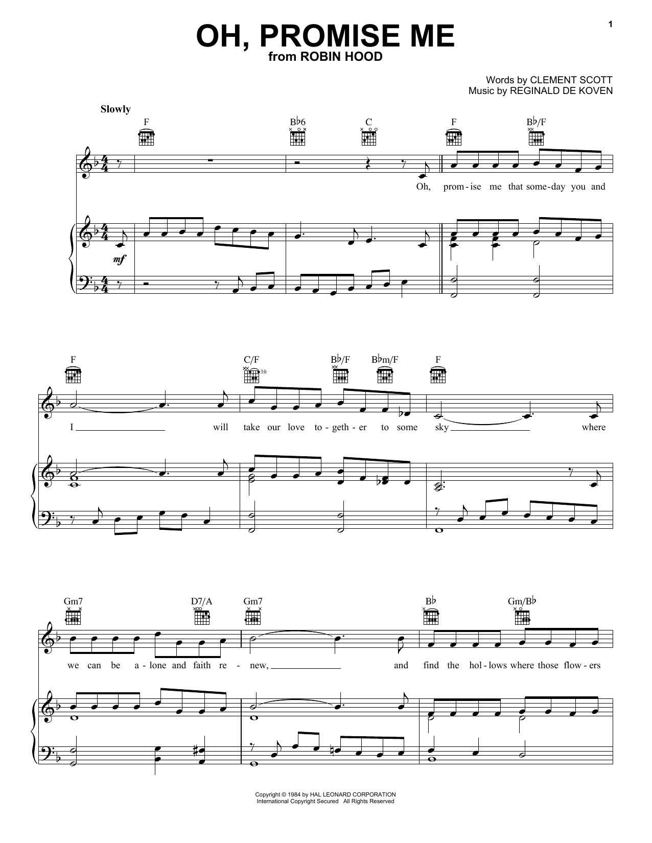 Download Clement Scott Oh, Promise Me Sheet Music and learn how to play Piano, Vocal & Guitar Chords (Right-Hand Melody) PDF digital score in minutes