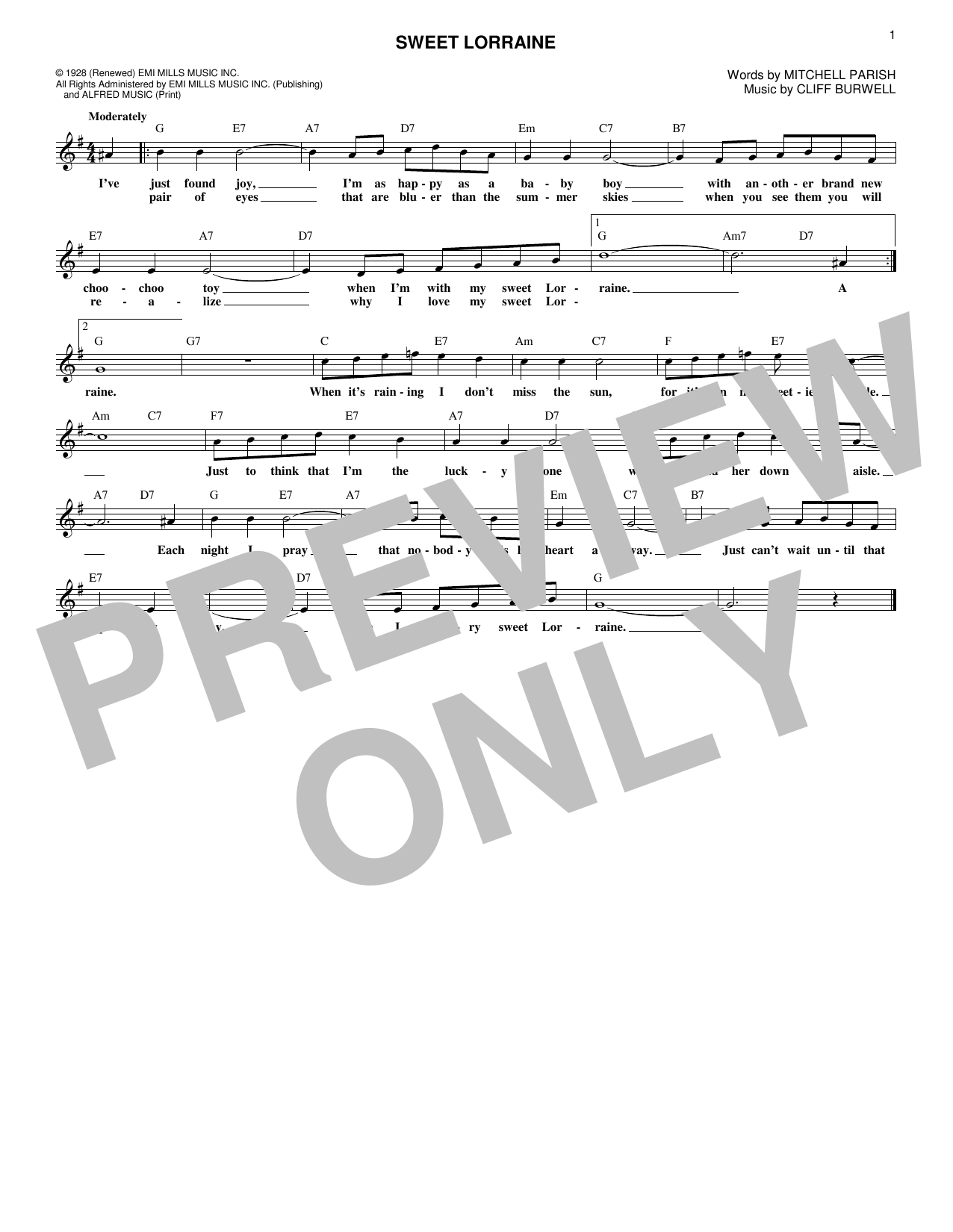 Download Cliff Burwell Sweet Lorraine Sheet Music and learn how to play Melody Line, Lyrics & Chords PDF digital score in minutes