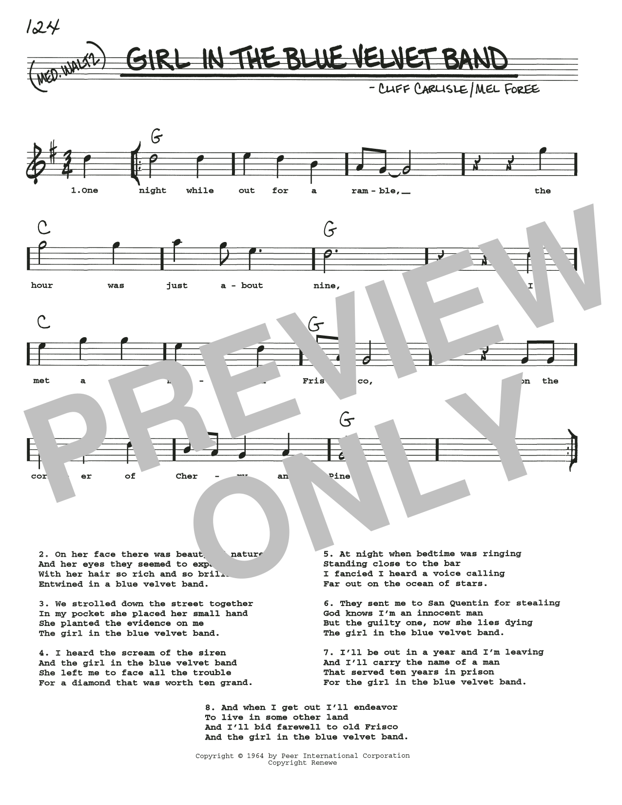 Download Cliff Carlisle Girl In The Blue Velvet Band Sheet Music and learn how to play Real Book – Melody, Lyrics & Chords PDF digital score in minutes