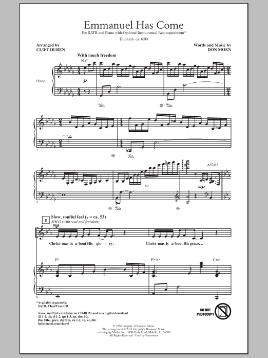 Download Cliff Duren Emmanuel Has Come Sheet Music and learn how to play SATB PDF digital score in minutes