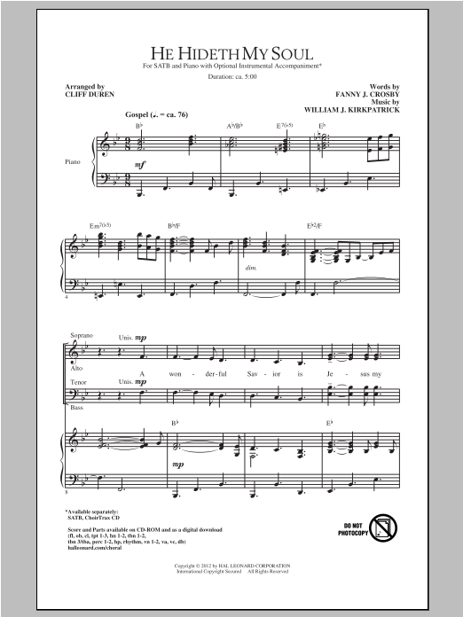Download William J. Kirkpatrick He Hideth My Soul (arr. Cliff Duren) Sheet Music and learn how to play SATB PDF digital score in minutes