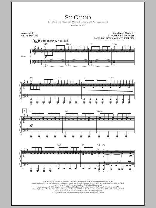 Download Cliff Duren So Good Sheet Music and learn how to play SATB PDF digital score in minutes