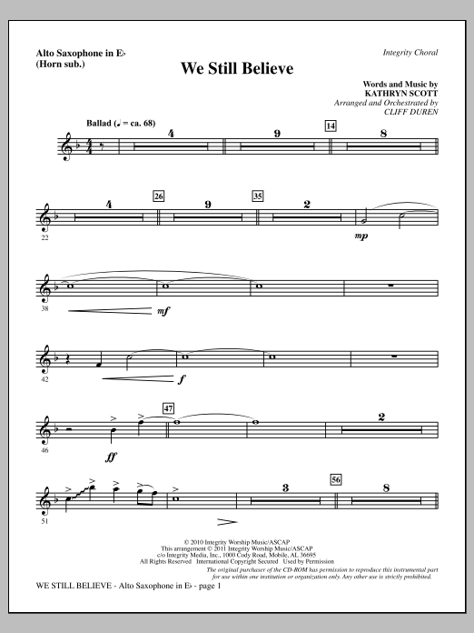 Download Cliff Duren We Still Believe - Alto Sax (sub. Horn) Sheet Music and learn how to play Choir Instrumental Pak PDF digital score in minutes