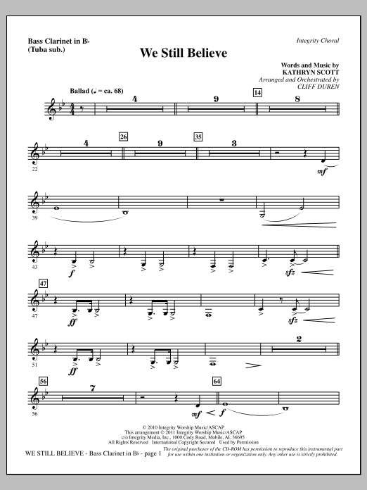 Download Cliff Duren We Still Believe - Bass Clarinet (sub. Tuba) Sheet Music and learn how to play Choir Instrumental Pak PDF digital score in minutes