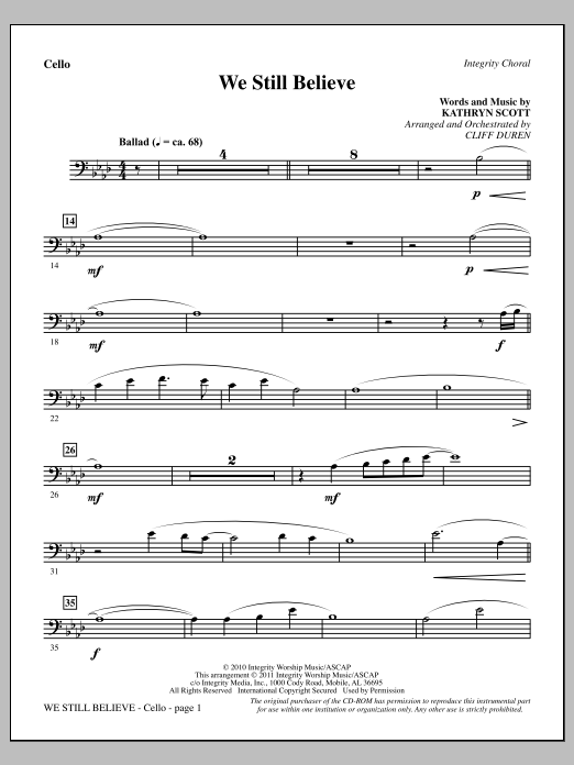 Download Cliff Duren We Still Believe - Cello Sheet Music and learn how to play Choir Instrumental Pak PDF digital score in minutes