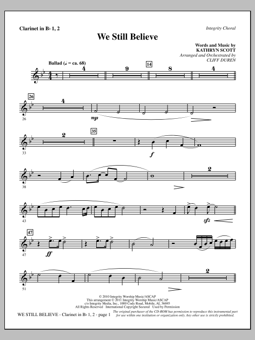 Download Cliff Duren We Still Believe - Clarinet 1 & 2 Sheet Music and learn how to play Choir Instrumental Pak PDF digital score in minutes