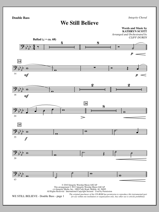 Download Cliff Duren We Still Believe - Double Bass Sheet Music and learn how to play Choir Instrumental Pak PDF digital score in minutes