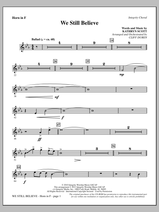 Download Cliff Duren We Still Believe - F Horn Sheet Music and learn how to play Choir Instrumental Pak PDF digital score in minutes