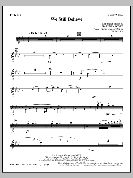 Download Cliff Duren We Still Believe - Flute 1 & 2 Sheet Music and learn how to play Choir Instrumental Pak PDF digital score in minutes