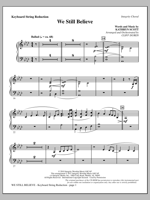 Download Cliff Duren We Still Believe - Keyboard String Reduction Sheet Music and learn how to play Choir Instrumental Pak PDF digital score in minutes
