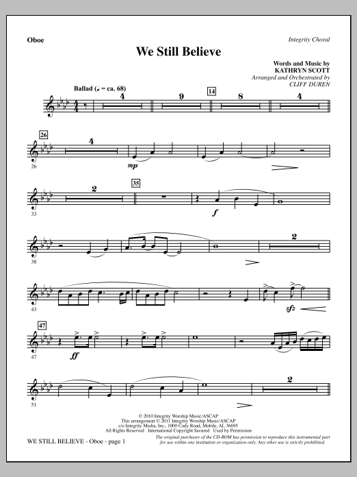 Download Cliff Duren We Still Believe - Oboe Sheet Music and learn how to play Choir Instrumental Pak PDF digital score in minutes
