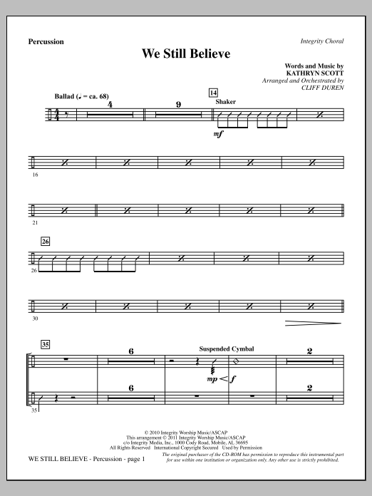 Download Cliff Duren We Still Believe - Percussion Sheet Music and learn how to play Choir Instrumental Pak PDF digital score in minutes