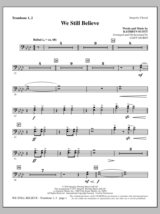 Download Cliff Duren We Still Believe - Trombone 1 & 2 Sheet Music and learn how to play Choir Instrumental Pak PDF digital score in minutes