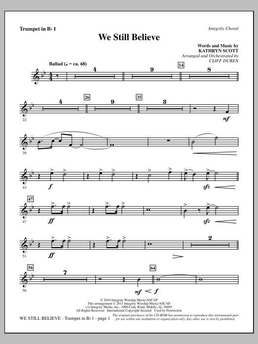 Download Cliff Duren We Still Believe - Trumpet 1 Sheet Music and learn how to play Choir Instrumental Pak PDF digital score in minutes